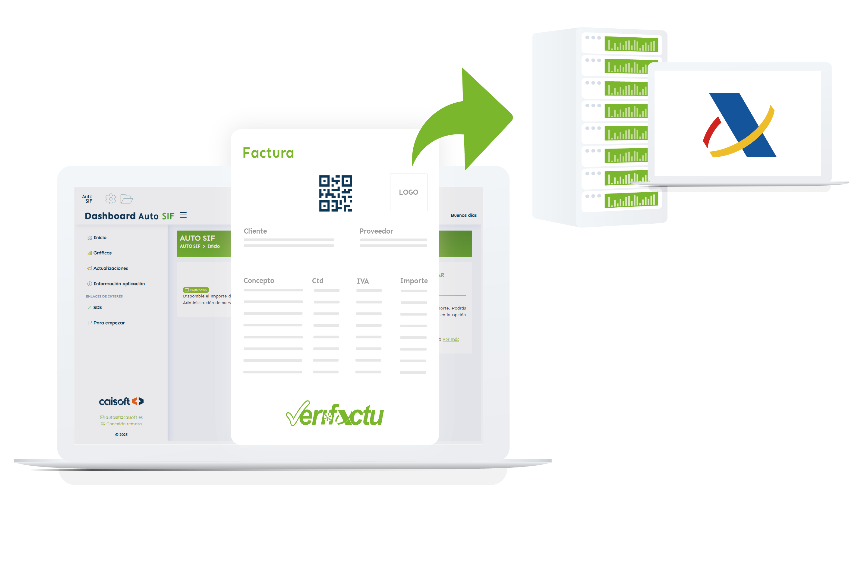 Interfaz de Auto SIF mostrando el envío automatizado de facturas a la Agencia Tributaria y la gestión de respuestas