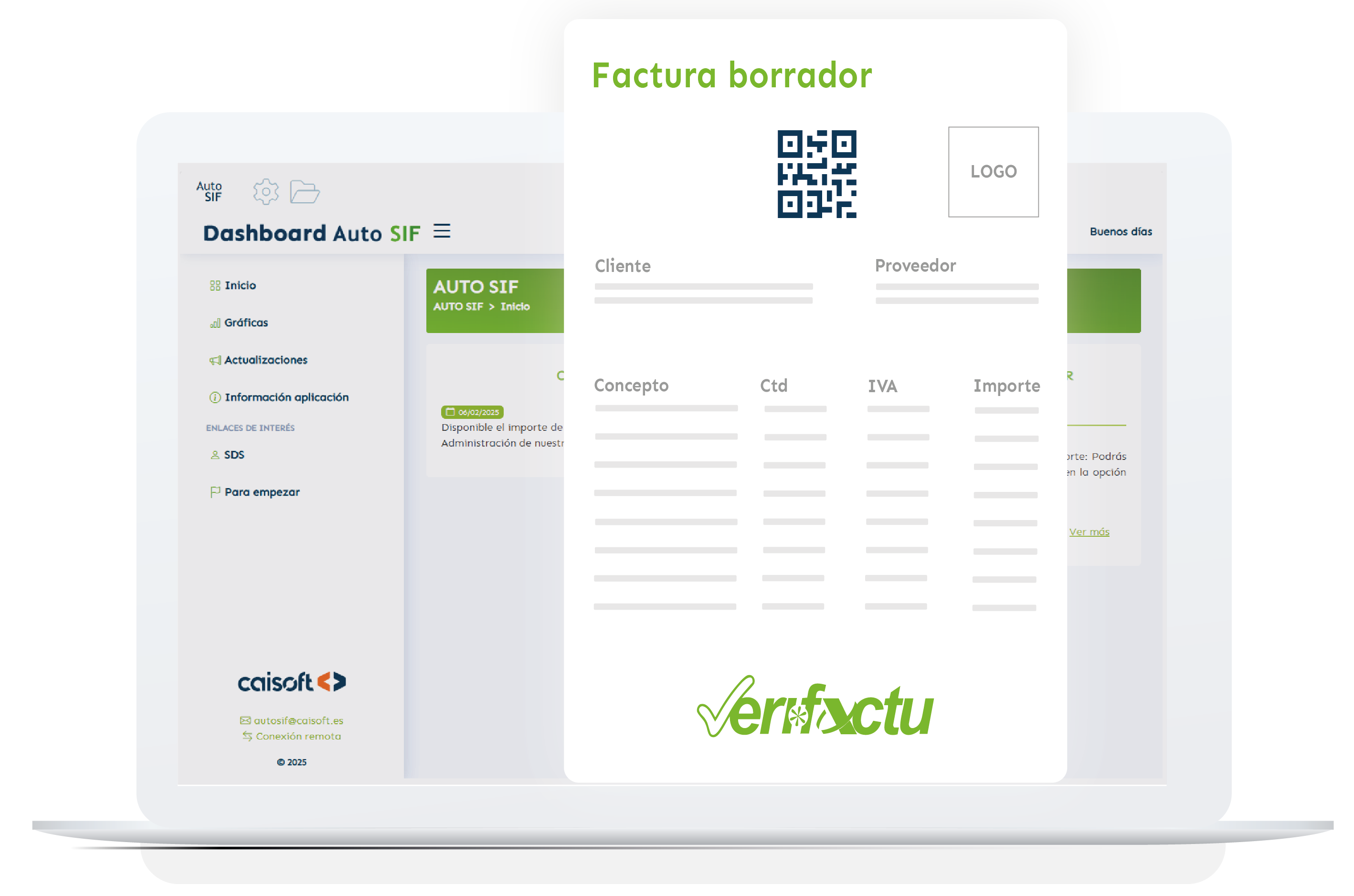 Panel de Auto SIF mostrando la gestión de facturas borrador, pre-facturas y facturas expedidas con código QR y envío por email
