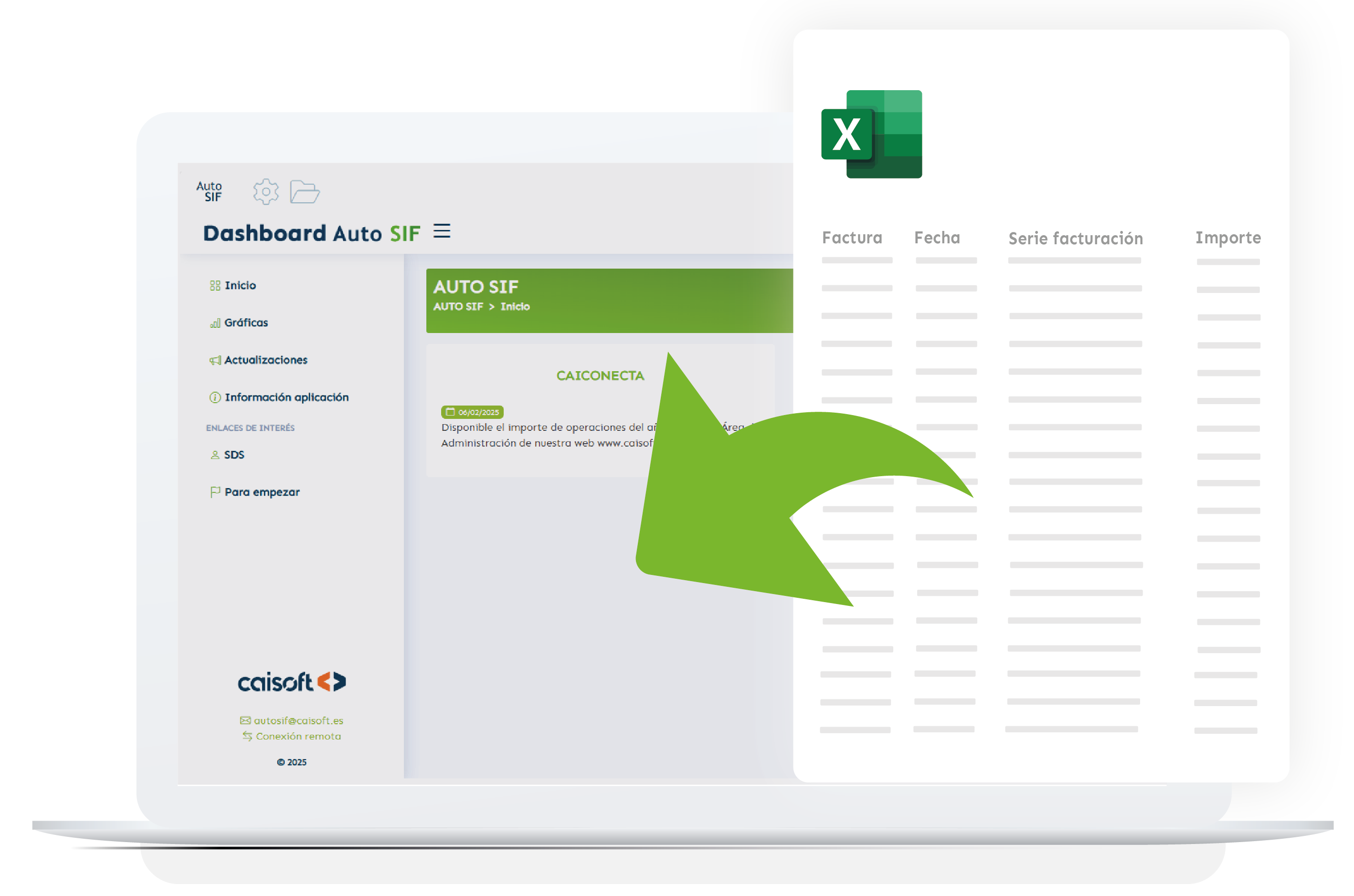 Interfaz de Auto SIF mostrando la importación de datos desde un ERP mediante Excel y plantillas personalizables